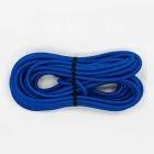 Coiled blue TITAN 8mm bungee cord with metal hooks on a white background
