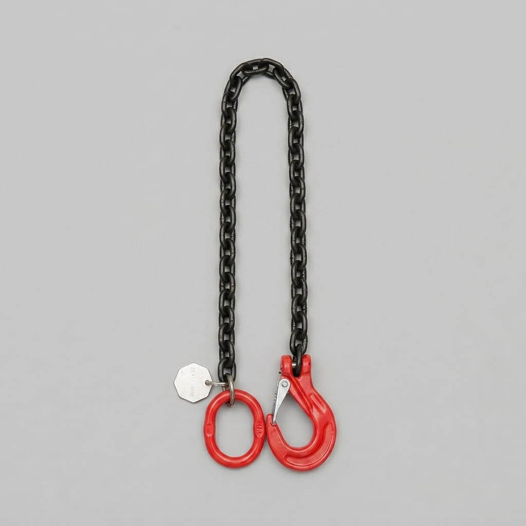 Heavy-duty steel chain lifting sling with safety hooks on a dark background