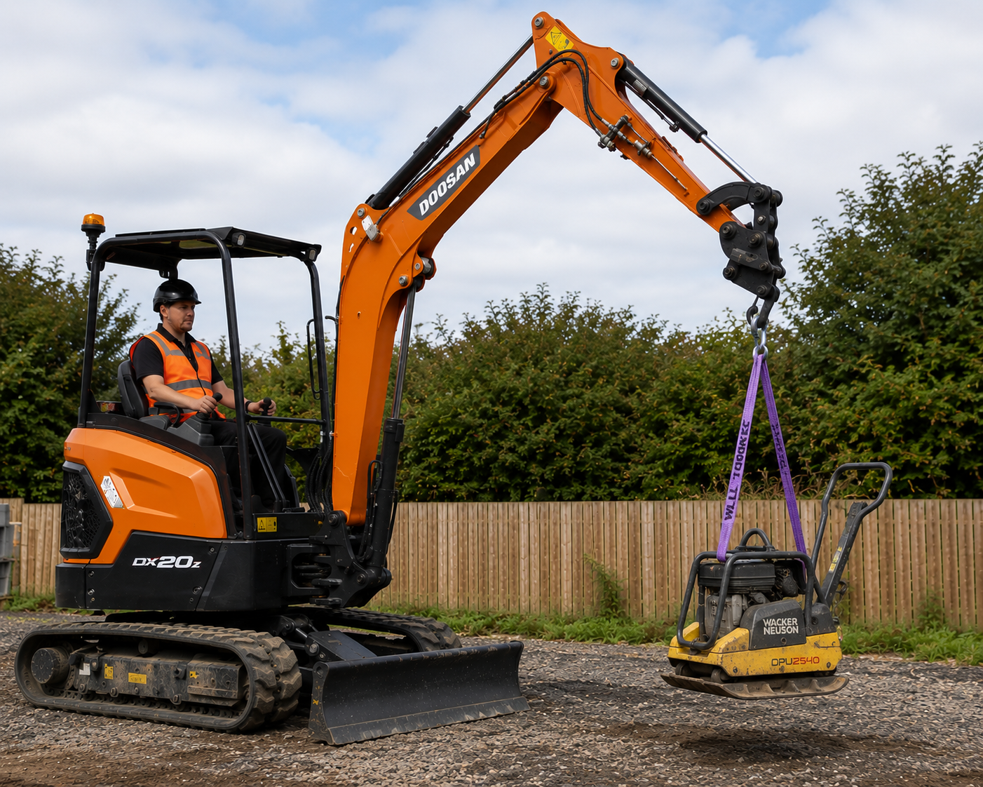Heavy-duty chain lifting sling, bow shackle and round sling on a construction site