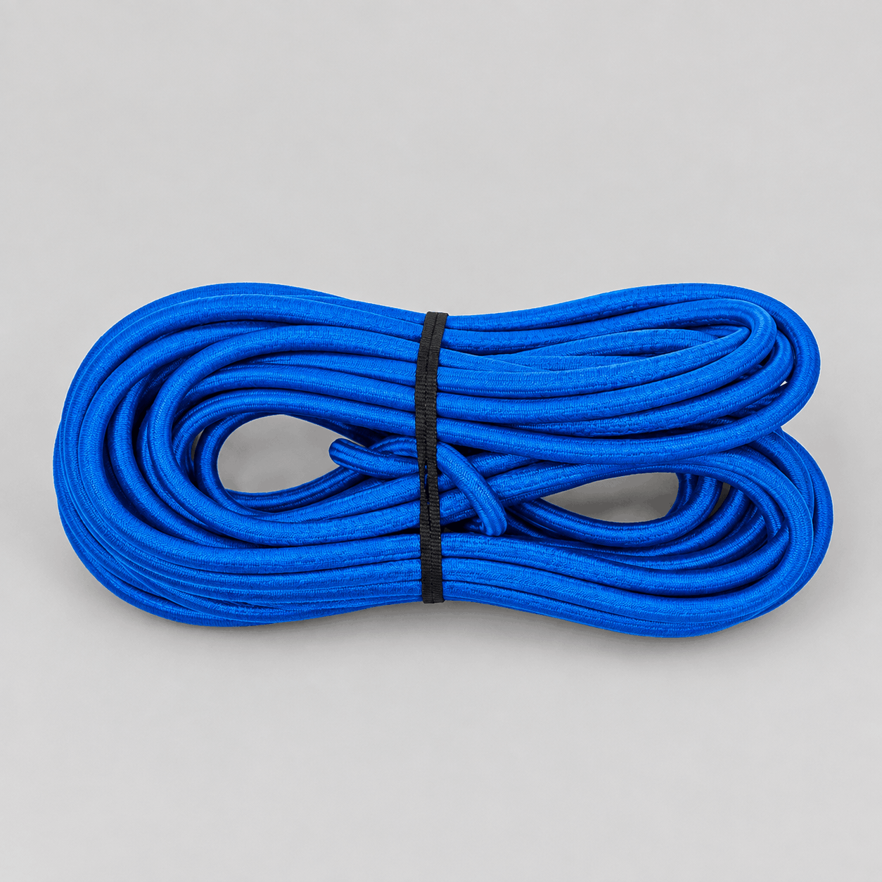 Coiled blue TITAN 8mm bungee cord with metal hooks on a white background