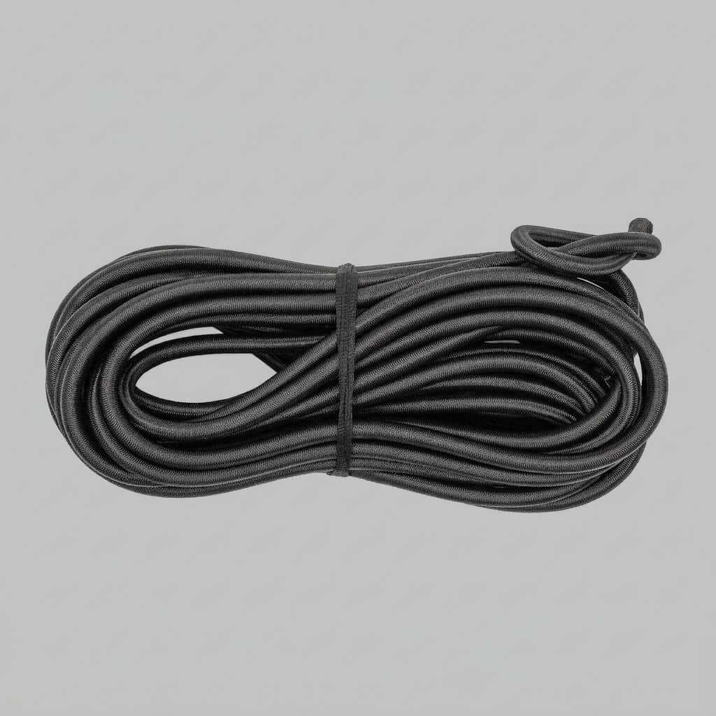 Coiled black 10mm bungee cord on a white background