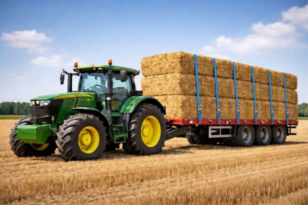 Ratchet straps securing a load on a flatbed trailer behind a tractor